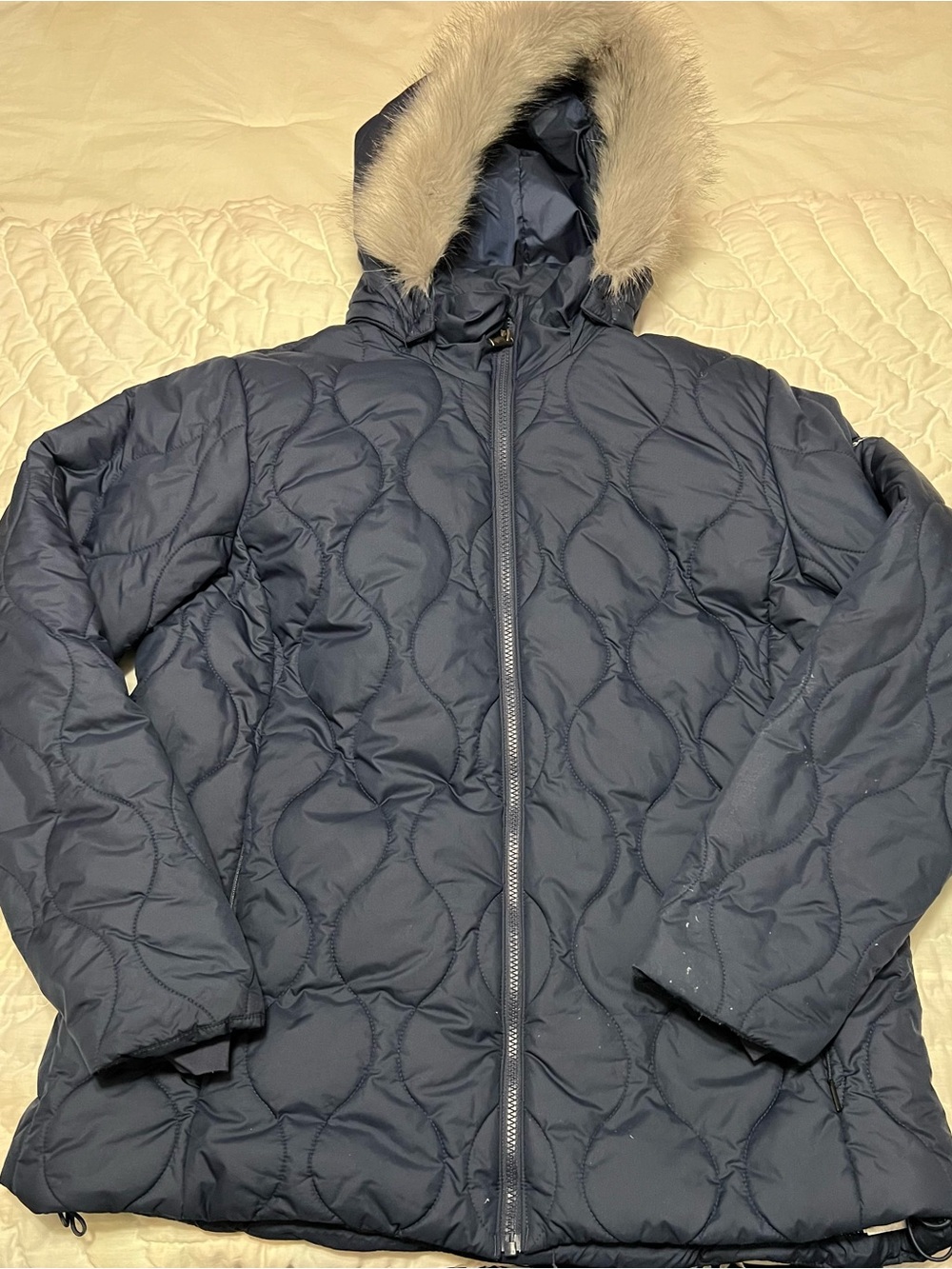 Columbia Navy Quilted Hooded Puffer Jacket with Faux Fur Trim